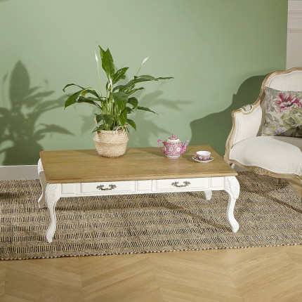 MARIANNE - Table basse style shabby chic en bois massif, 4 tiroirs, bois certifié FSC®