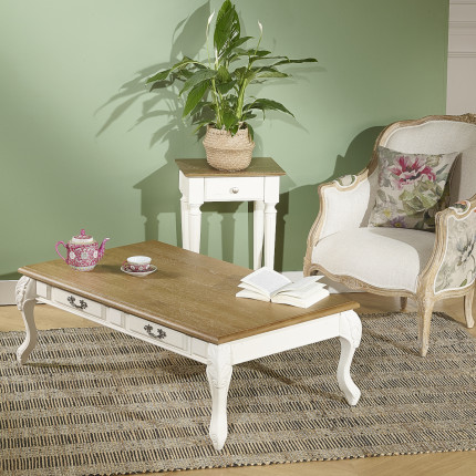 MARIANNE - Table basse style shabby chic en bois massif, 4 tiroirs, bois certifié FSC®