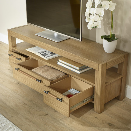 MEGÈVE– Meuble tv 150 cm en bois massif style contemporain, 3 tiroirs, 1 étagère, bois certifié FSC®