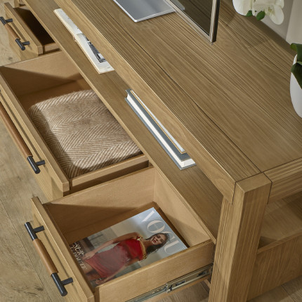 MEGÈVE– Meuble tv 150 cm en bois massif style contemporain, 3 tiroirs, 1 étagère, bois certifié FSC®