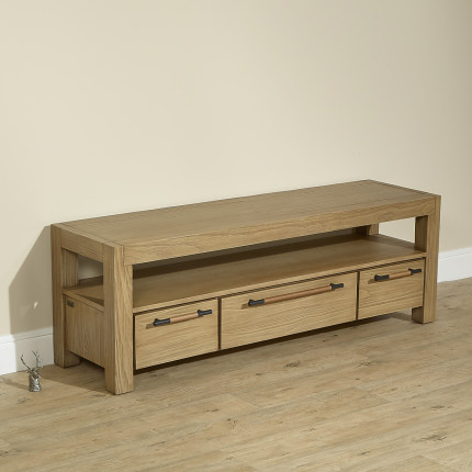 MEGÈVE– Meuble tv 150 cm en bois massif style contemporain, 3 tiroirs, 1 étagère, bois certifié FSC®