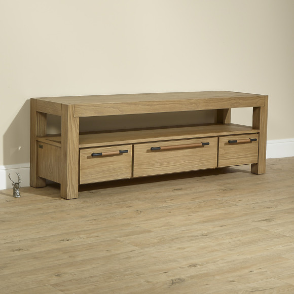 MEGÈVE– 150 cm TV stand in solid wood, contemporary style, 3 drawers, 1 shelf, FSC® certified wood