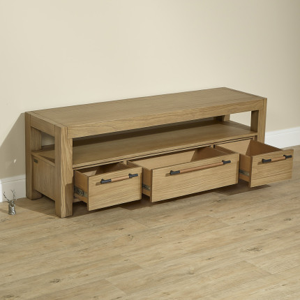 MEGÈVE– Meuble tv 150 cm en bois massif style contemporain, 3 tiroirs, 1 étagère, bois certifié FSC®