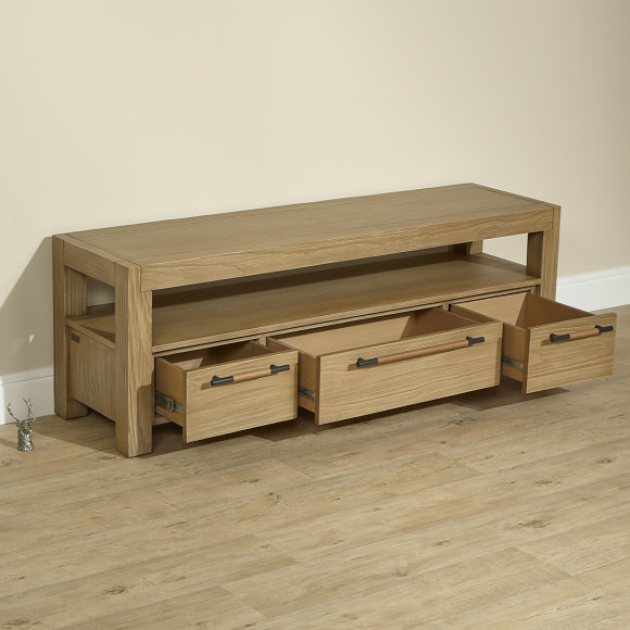 MEGÈVE– 150 cm TV stand in solid wood, contemporary style, 3 drawers, 1 shelf, FSC® certified wood