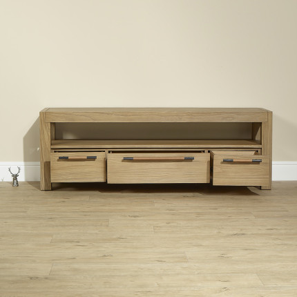 MEGÈVE– 150 cm TV stand in solid wood, contemporary style, 3 drawers, 1 shelf, FSC® certified wood