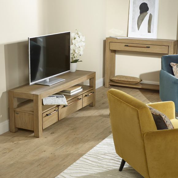 MEGÈVE– 150 cm TV stand in solid wood, contemporary style, 3 drawers, 1 shelf, FSC® certified wood