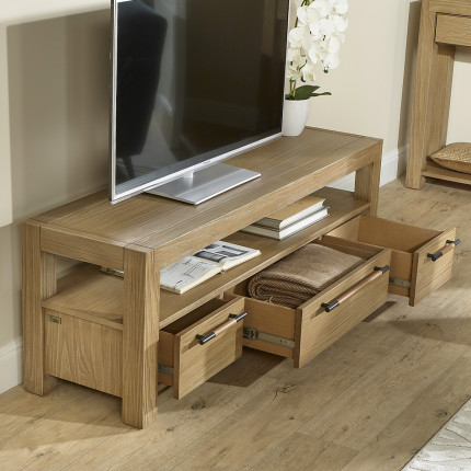 MEGÈVE– Meuble tv 150 cm en bois massif style contemporain, 3 tiroirs, 1 étagère, bois certifié FSC®