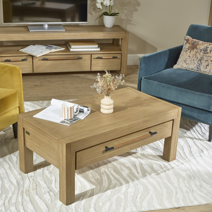 MEGÈVE – Mesa de centro de madera maciza estilo moderno, 1 cajón, madera certificada FSC®