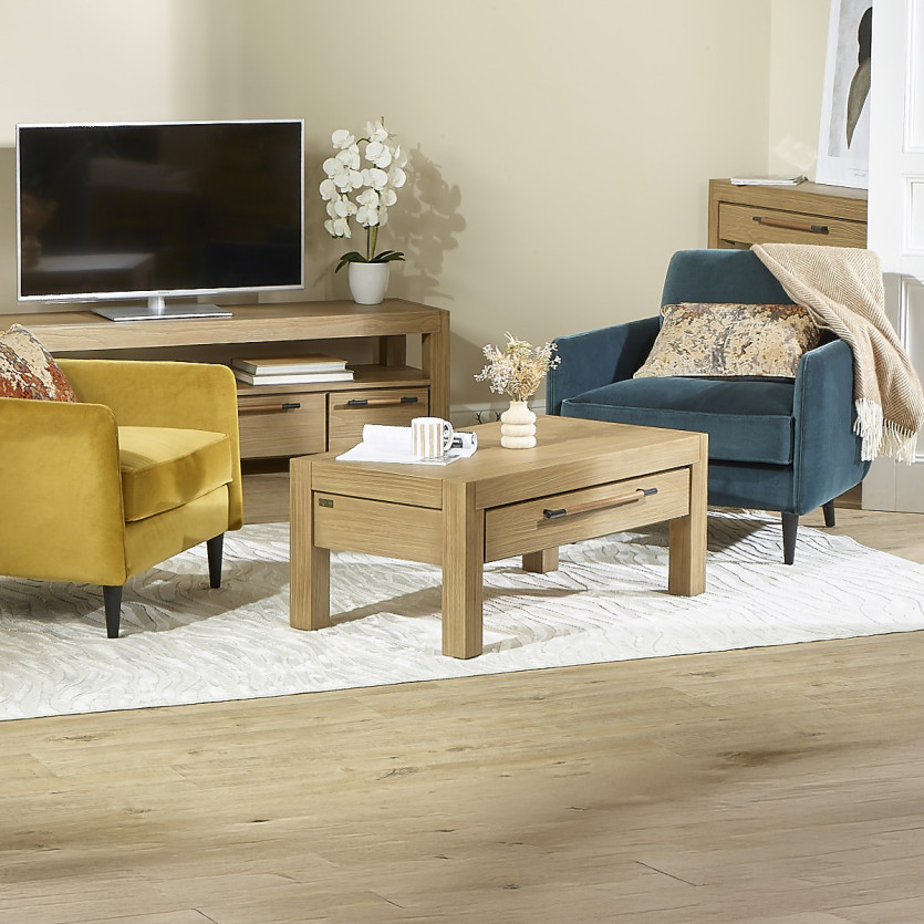 MEGÈVE – Mesa de centro de madera maciza estilo moderno, 1 cajón, madera certificada FSC®