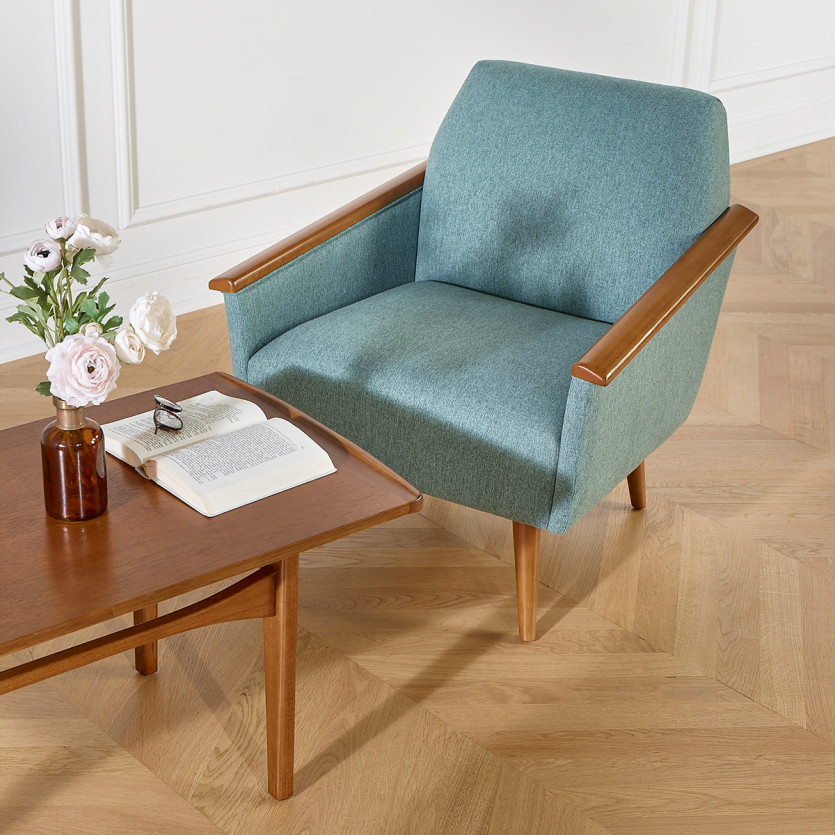 SANDER - Fauteuil style nordique en bois massif et tissu X,  bois certifié FSC®, 1 place