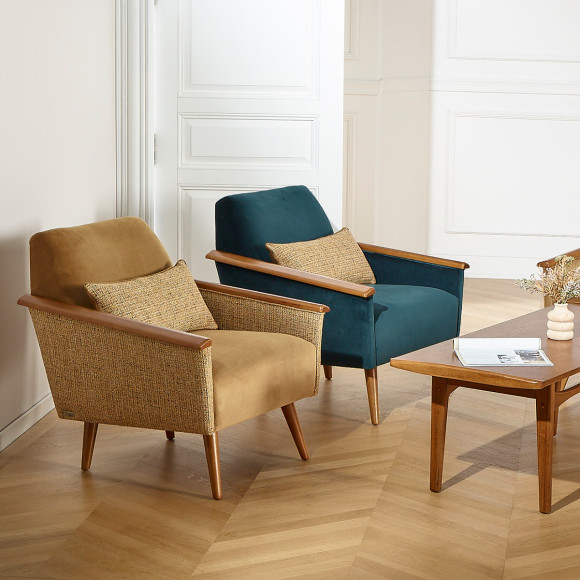 SANDER - Fauteuil style nordique, tissu tweed et bois certifié FSC®, 1 place