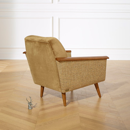 SANDER - Poltrona stile nordico, tessuto tweed senape e legno, legno certificato FSC®, 1 posto