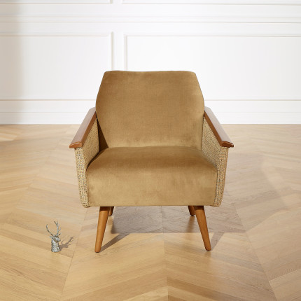 SANDER - Nordic-style armchair, mustard tweed fabric and wood, FSC® certified wood, 1 seat