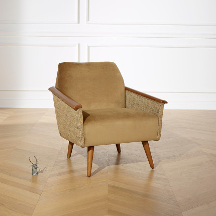 SANDER - Nordic-style armchair, mustard tweed fabric and wood, FSC® certified wood, 1 seat