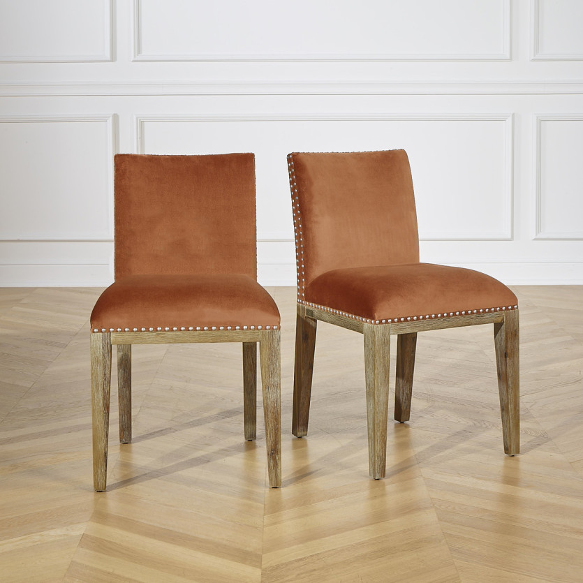 KENZA - Chaises de table en velours de coton et bois massif, lot de 2