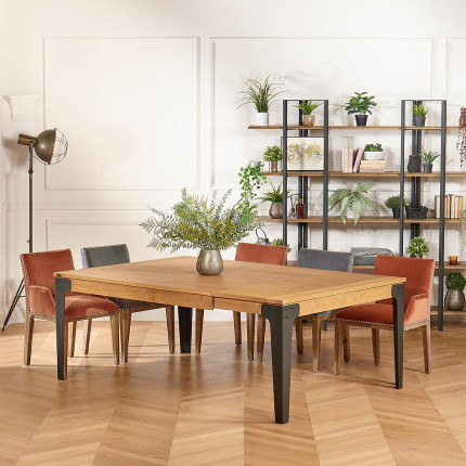 ATHENA - Square extendable dining table in oak, industrial style, 8/10 seats, FSC® certified wood