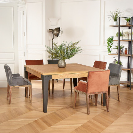 ATHENA - Ausziehbarer quadratischer Esstisch aus Eiche, im industriellen Stil, 8/10 Gedecke, FSC®-zertifiziertes Holz