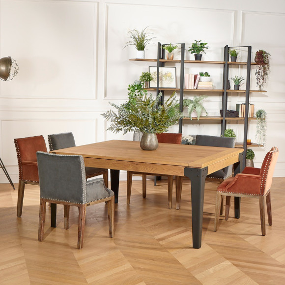 ATHENA - Mesa de comedor cuadrada extensible de roble, estilo industrial, 8/10 comensales, madera certificada FSC®