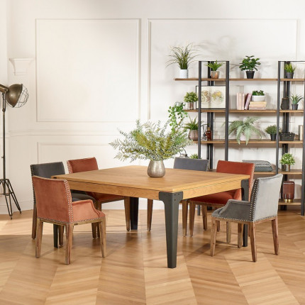 ATHENA - Ausziehbarer quadratischer Esstisch aus Eiche, im industriellen Stil, 8/10 Gedecke, FSC®-zertifiziertes Holz