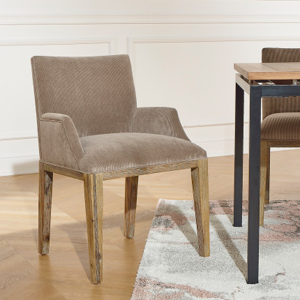 LOLA - Industrial-style table chair with armrests in solid wood and corduroy, 1 seat