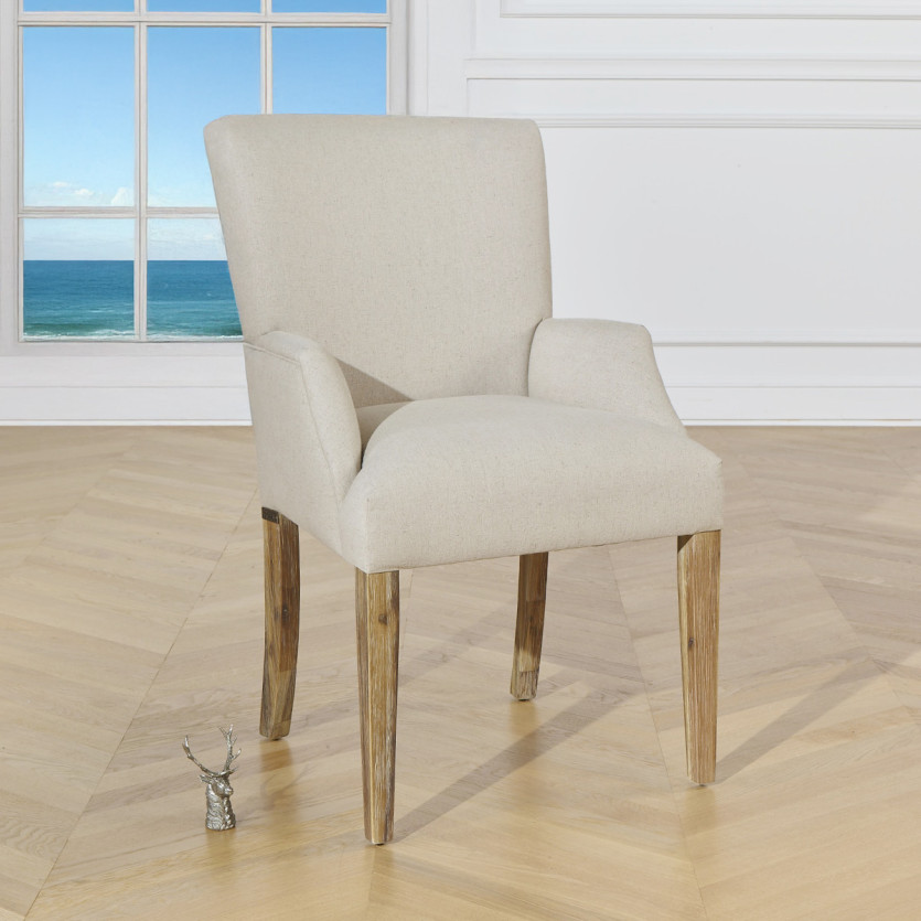 ALIX - Fauteuil de table avec accoudoirs style contemporain, pieds en acacia massif, tissu lin coton