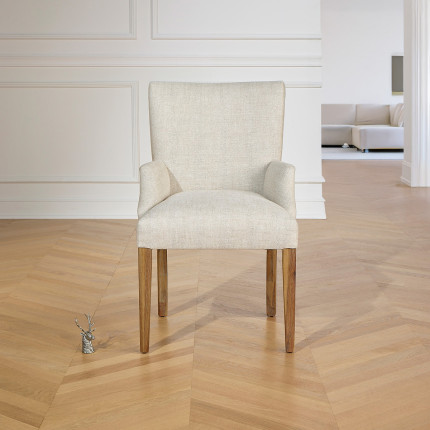 ALIX - Fauteuil de table avec accoudoirs style moderne en bois massif et tissu lin premium, 1 place