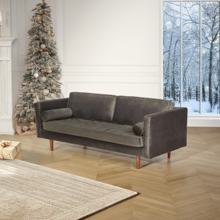 JONAS - Scandinavian style sofa in velvet and wood, tufted seat, 3-seater