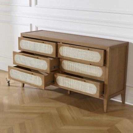 MONTANA - Commode en chêne et cannage style moderne, 6 tiroirs