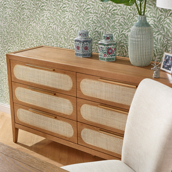 MONTANA - Commode en chêne et cannage style moderne, 6 tiroirs