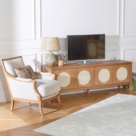 MONTANA - Mueble TV de estilo moderno en roble y mimbre, 4 puertas