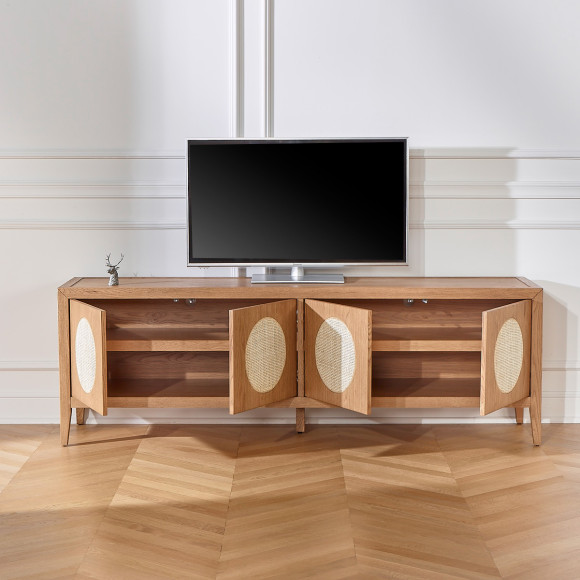 MONTANA - Mueble TV de estilo moderno en roble y mimbre, 4 puertas