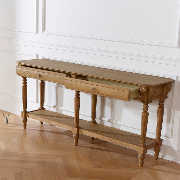 Claude – Consolle doppia stile shabby chic, piano in rovere, 2 cassetti