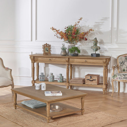 Claude – Console double style shabby chic, plateau en chêne, 2 tiroirs