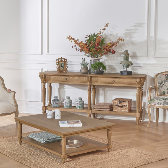 Claude – Doppelte Konsole im Shabby-Chic-Stil, Eichenplatte, 2 Schubladen