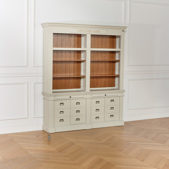 GUSTAVE - Solid wood library in classic style, 4 doors, 8 shelves, 2 drawers, FSC® certified wood