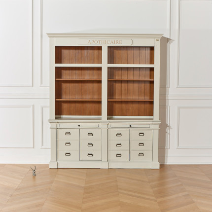 GUSTAVE - Libreria in legno massello stile classico, 4 ante, 8 ripiani, 2 cassetti, legno certificato FSC®