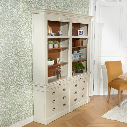 GUSTAVE - Solid wood library in classic style, 4 doors, 8 shelves, 2 drawers, FSC® certified wood