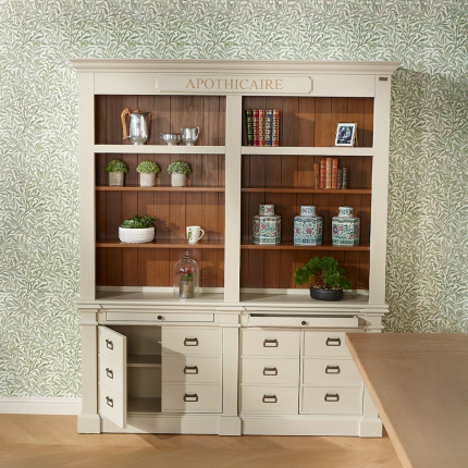 GUSTAVE - Libreria in legno massello stile classico, 4 ante, 8 ripiani, 2 cassetti, legno certificato FSC®