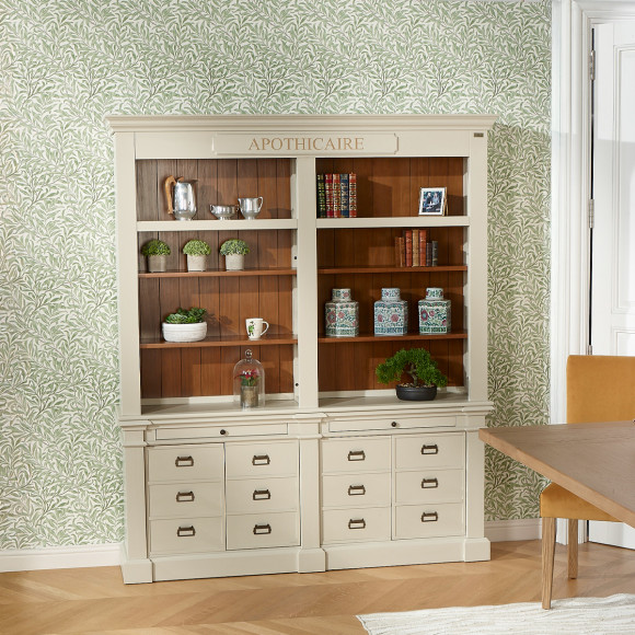 GUSTAVE - Libreria in legno massello stile classico, 4 ante, 8 ripiani, 2 cassetti, legno certificato FSC®