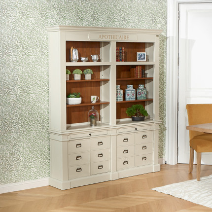 GUSTAVE - Libreria in legno massello stile classico, 4 ante, 8 ripiani, 2 cassetti, legno certificato FSC®