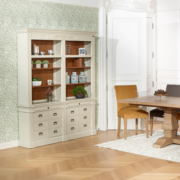 GUSTAVE - Libreria in legno massello stile classico, 4 ante, 8 ripiani, 2 cassetti, legno certificato FSC®