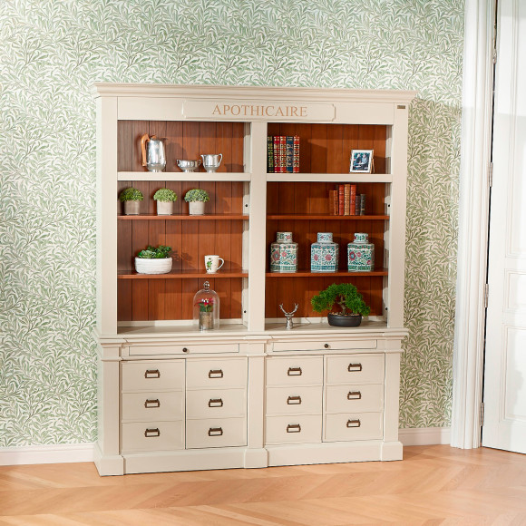 GUSTAVE - Libreria in legno massello stile classico, 4 ante, 8 ripiani, 2 cassetti, legno certificato FSC®