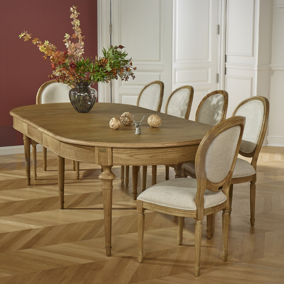 AMBRE - Extendable oak dining table, shabby chic style, seats 12