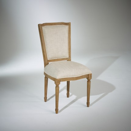 Chaises Marie Antoinette,  patine bois cérusé grisé, lin prémium