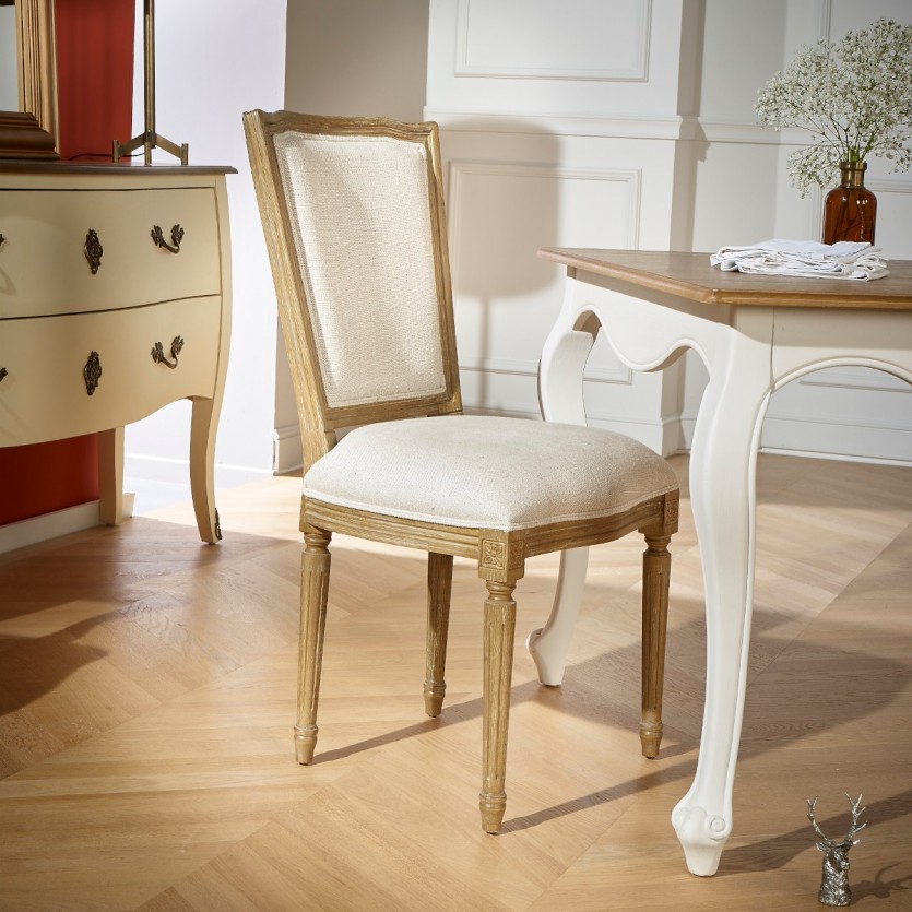 Chaises Marie Antoinette,  patine bois cérusé grisé, lin prémium