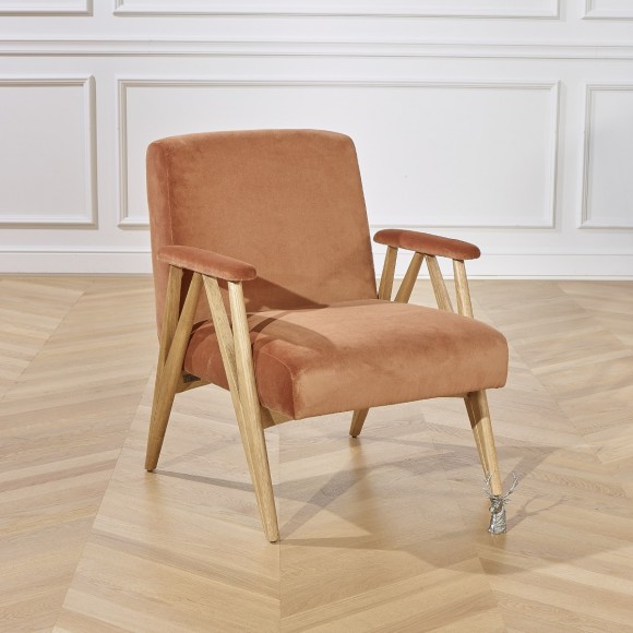 Fauteuil scandinave en bois et velours