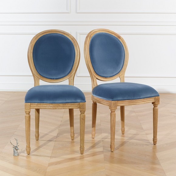 MEDAILLON - Chaises Classique chic en bois et velours bleu louis