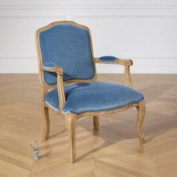 INES - Fauteuil Velours Bleu Louis, Bois naturel