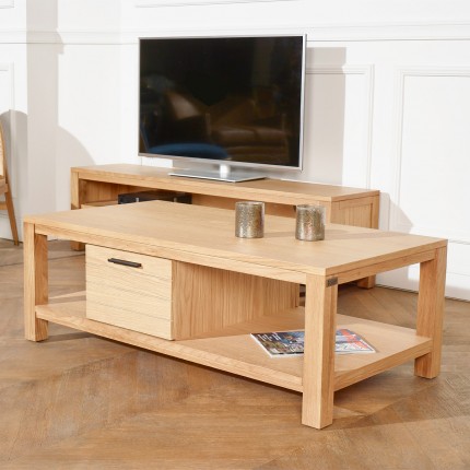 ADDISON - Contemporary style coffee table in wood, lower shelf, 1 drawer