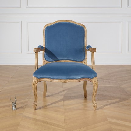 INES – Fauteuil style Louis XV en bois et tissu 100% coton Bleu Louis, 1 place